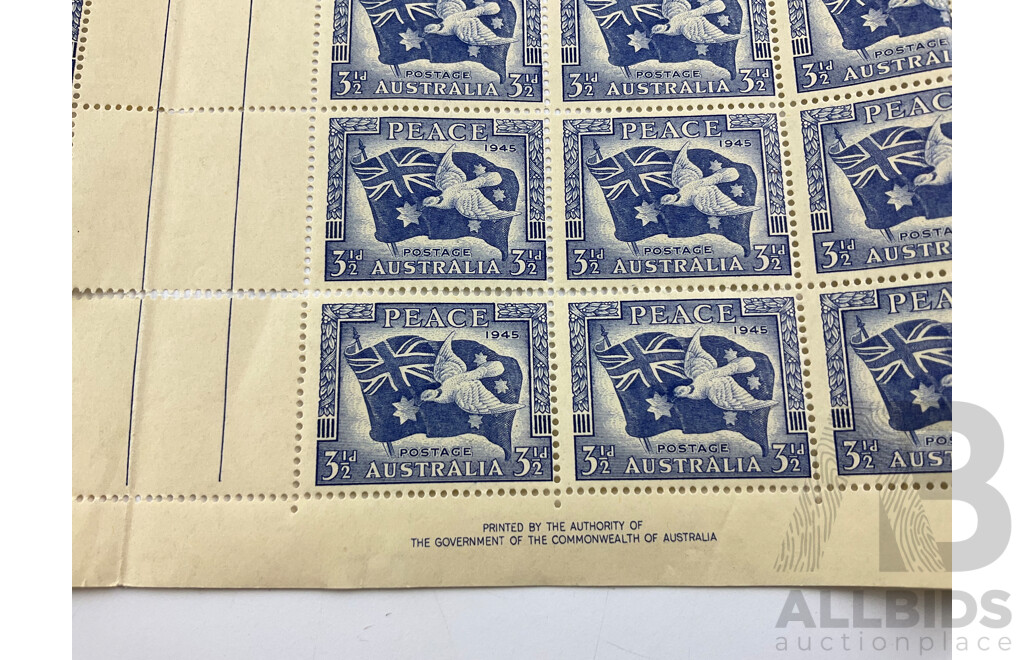 Australian Predecimal Mint Stamps Sheets Including 1945 Peace, 1953 Van Diemans Cententary, Printed by the Authority of the Government of the Commonwealth of Australia
