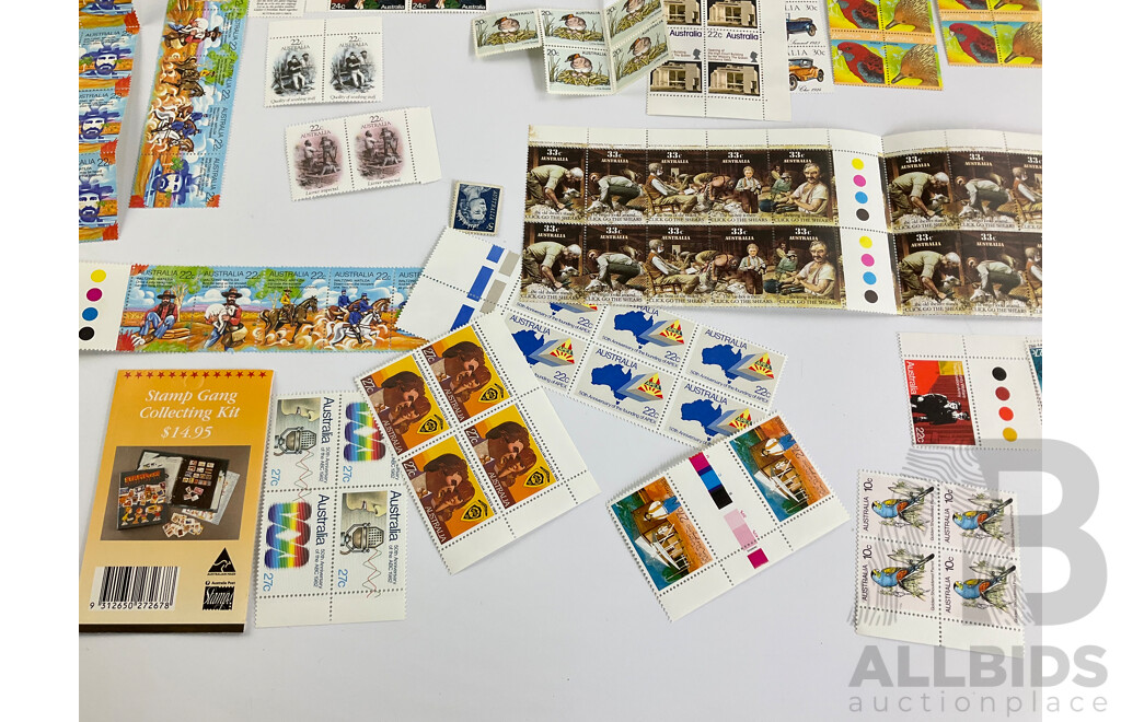 Australian 1980's Mint Stamps, Strips, Blocks and Gutters Including Waltzing Matilda, APEX, Click Go the Shears, Charles and Diana QE2 and More