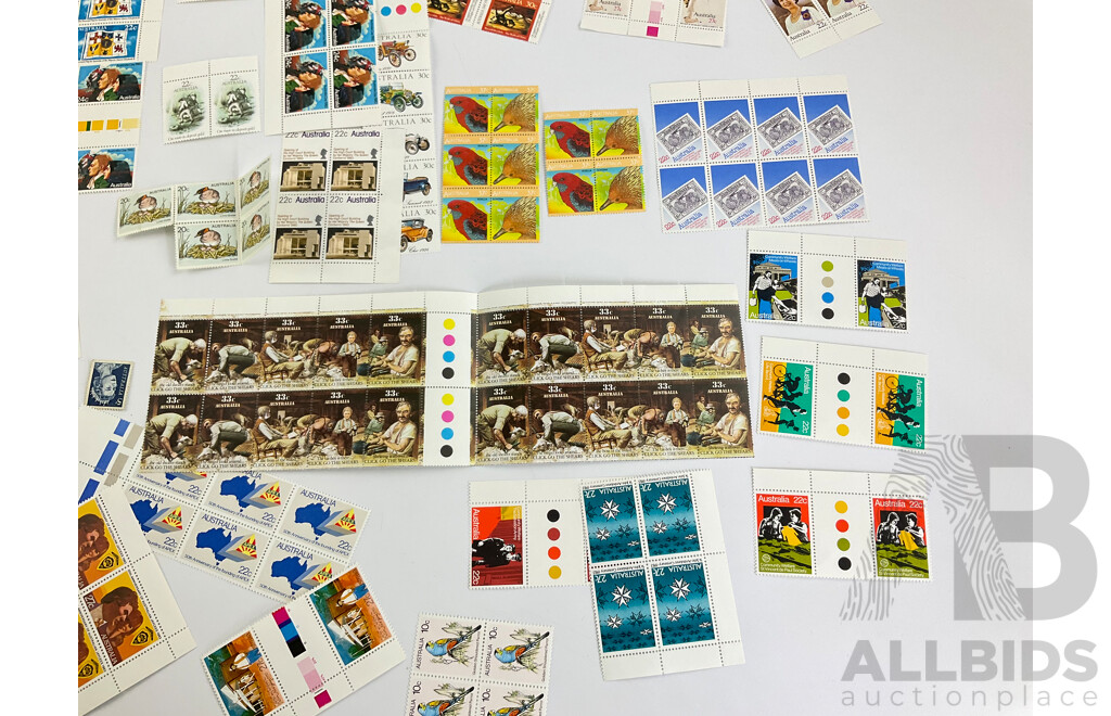 Australian 1980's Mint Stamps, Strips, Blocks and Gutters Including Waltzing Matilda, APEX, Click Go the Shears, Charles and Diana QE2 and More