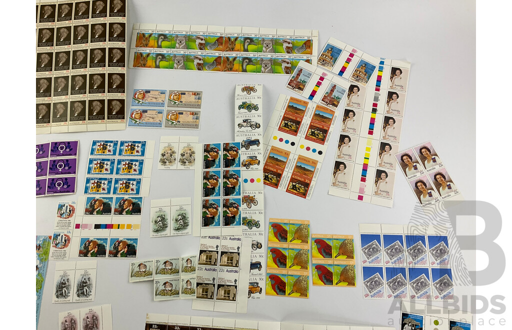 Australian 1980's Mint Stamps, Strips, Blocks and Gutters Including Waltzing Matilda, APEX, Click Go the Shears, Charles and Diana QE2 and More