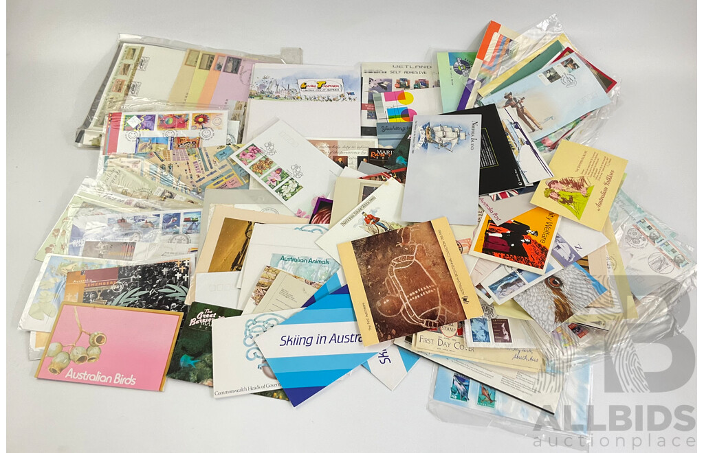 Collection of Australian Stamp Packs and First Day Covers Spanning 1970's to 1990's, Selected Issues, Australian Birds, Bicentennial, Community Welfare and More