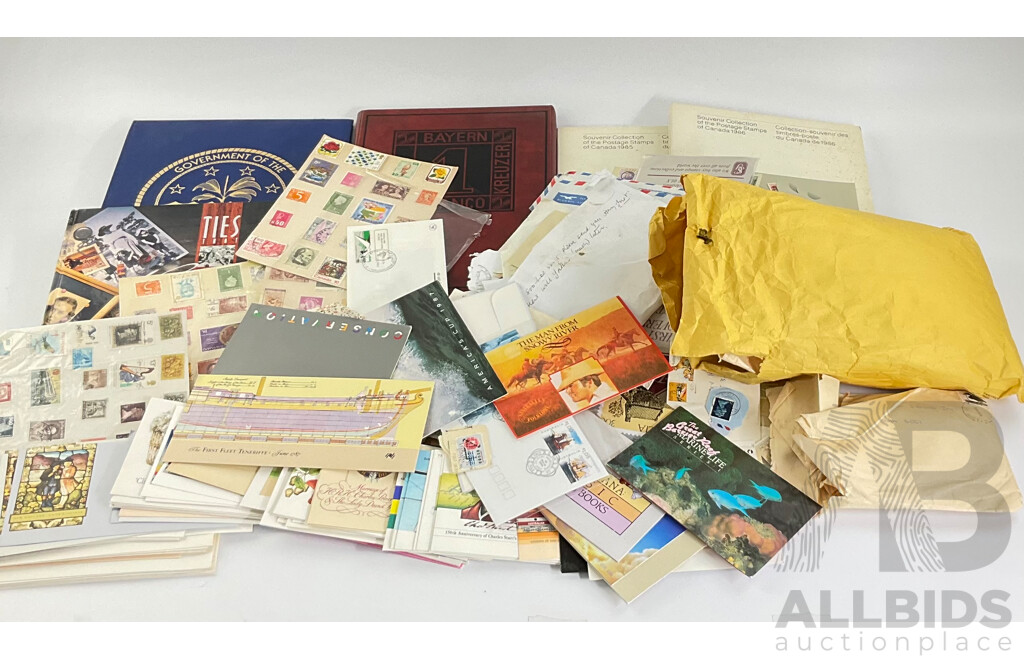 Collection of Australian Stamp Packs and First Day Covers with Cancelled Intentional Stamps, Canadian 1985, 1986 Souvenir Collections, Micronesia Album, Philately Album