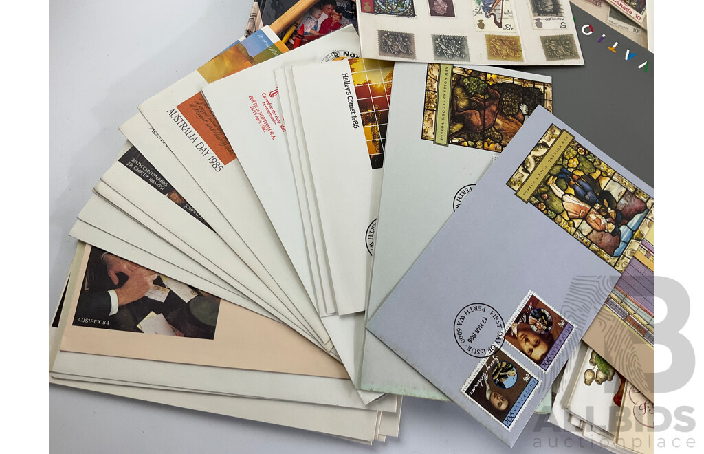 Collection of Australian Stamp Packs and First Day Covers with Cancelled Intentional Stamps, Canadian 1985, 1986 Souvenir Collections, Micronesia Album, Philately Album
