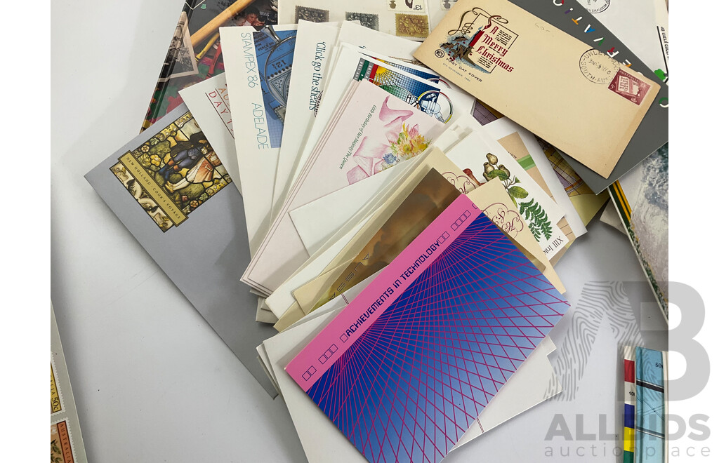 Collection of Australian Stamp Packs and First Day Covers with Cancelled Intentional Stamps, Canadian 1985, 1986 Souvenir Collections, Micronesia Album, Philately Album