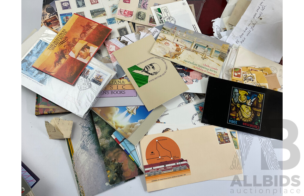 Collection of Australian Stamp Packs and First Day Covers with Cancelled Intentional Stamps, Canadian 1985, 1986 Souvenir Collections, Micronesia Album, Philately Album