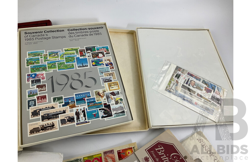 Collection of Australian Stamp Packs and First Day Covers with Cancelled Intentional Stamps, Canadian 1985, 1986 Souvenir Collections, Micronesia Album, Philately Album
