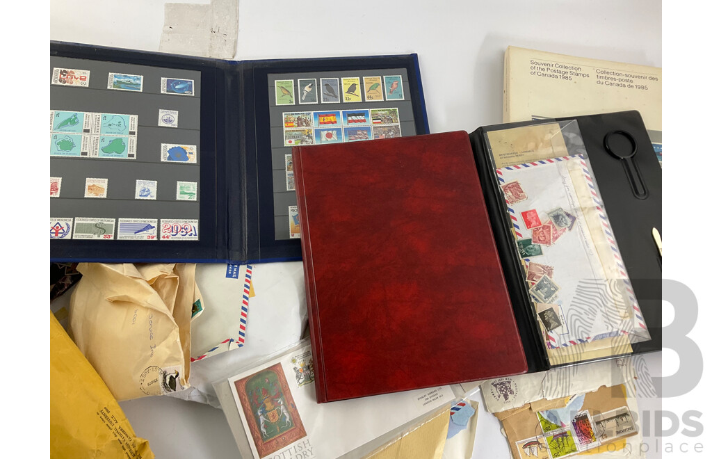 Collection of Australian Stamp Packs and First Day Covers with Cancelled Intentional Stamps, Canadian 1985, 1986 Souvenir Collections, Micronesia Album, Philately Album