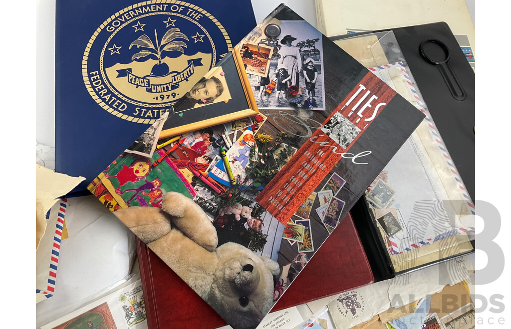 Collection of Australian Stamp Packs and First Day Covers with Cancelled Intentional Stamps, Canadian 1985, 1986 Souvenir Collections, Micronesia Album, Philately Album