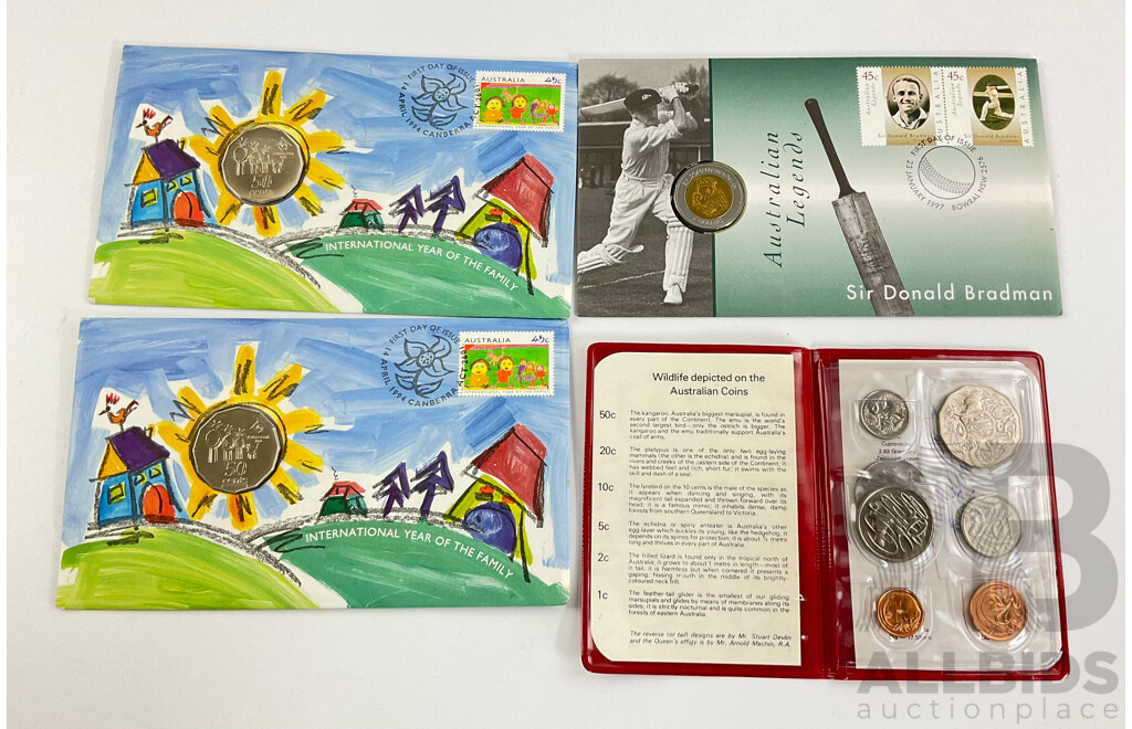 Australian RAM 1981 UNC Coin Set, Two 1994 International Year of the Family PNCs, 1997 Donald Bradman PNC