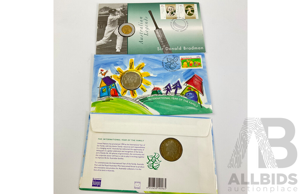 Australian RAM 1981 UNC Coin Set, Two 1994 International Year of the Family PNCs, 1997 Donald Bradman PNC