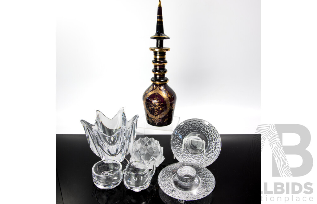Collection Mid Century Glass Comprising Five Pieces Swedish Orrefors Comprising Two Discus Votives, Tulip Bowl, Pineapple Votive, Sugar Bowl and Creamer Along with Murano Stule Decanter with Stopper