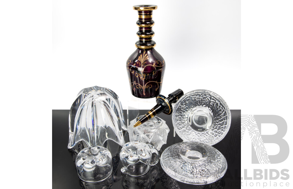 Collection Mid Century Glass Comprising Five Pieces Swedish Orrefors Comprising Two Discus Votives, Tulip Bowl, Pineapple Votive, Sugar Bowl and Creamer Along with Murano Stule Decanter with Stopper