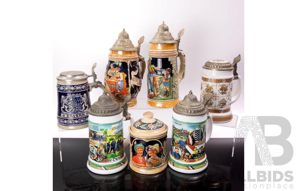 Collection Vintage German Ceramic Beer Steins with Metal Lids Along with Lidded Ceramic Tobacco Jar