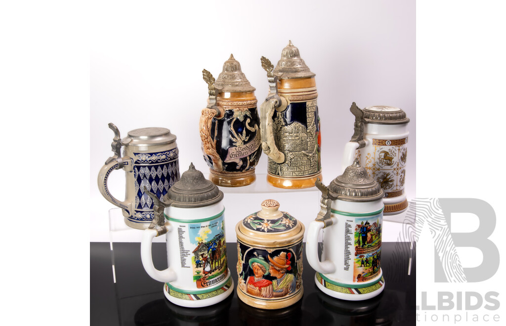 Collection Vintage German Ceramic Beer Steins with Metal Lids Along with Lidded Ceramic Tobacco Jar