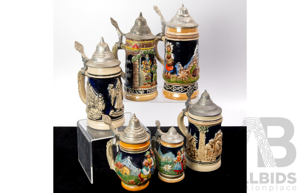 Collection Vintage German Ceramic Beer Steins with Metal Lids