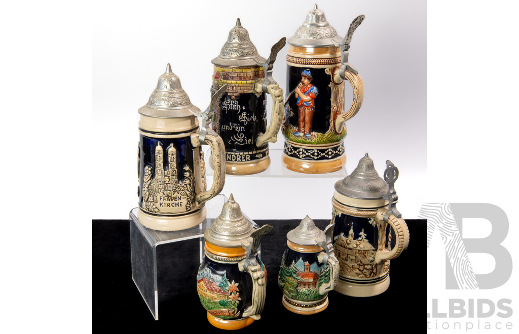 Collection Vintage German Ceramic Beer Steins with Metal Lids