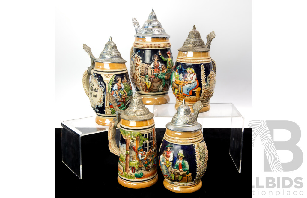 Collection Vintage German Ceramic Beer Steins with Metal Lids