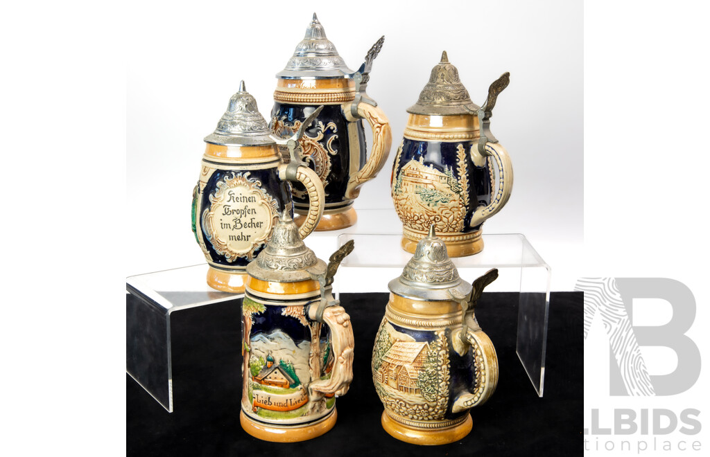 Collection Vintage German Ceramic Beer Steins with Metal Lids
