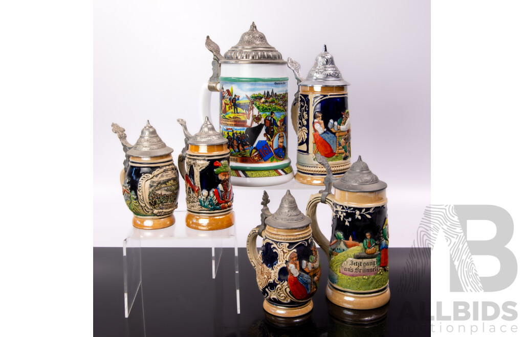 Collection Vintage German Ceramic Beer Steins with Metal Lids