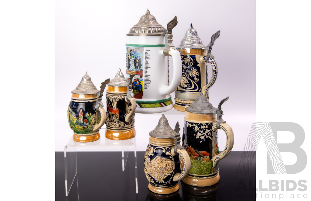Collection Vintage German Ceramic Beer Steins with Metal Lids