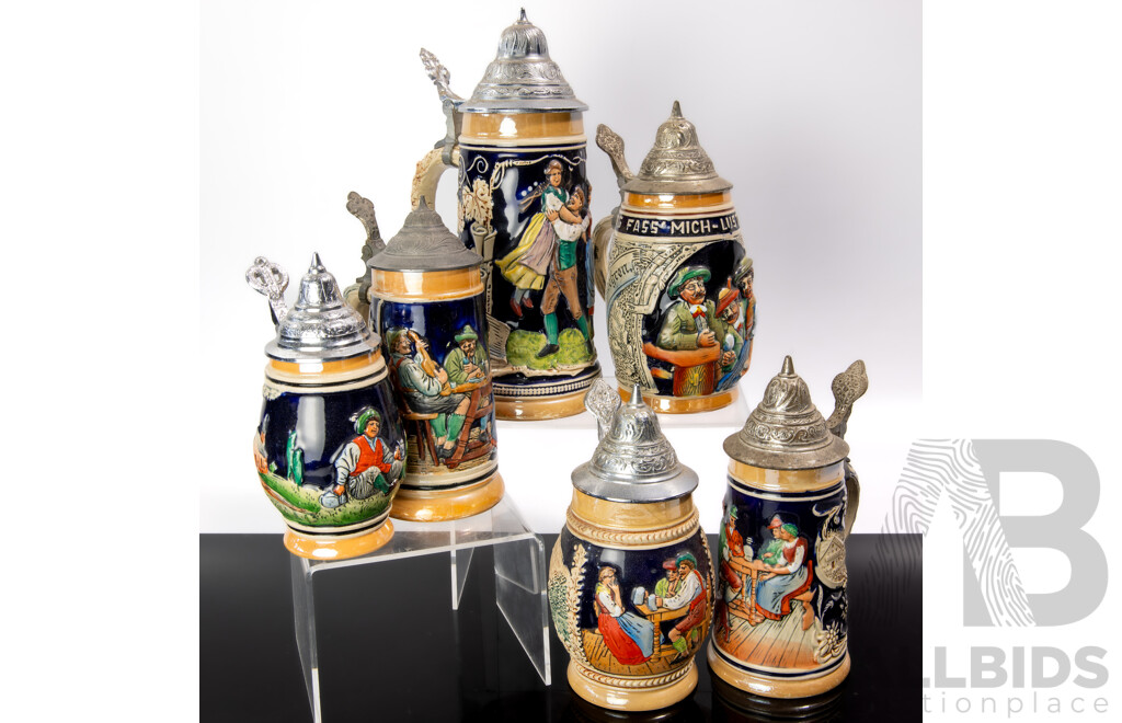 Collection Vintage German Ceramic Beer Steins with Metal Lids