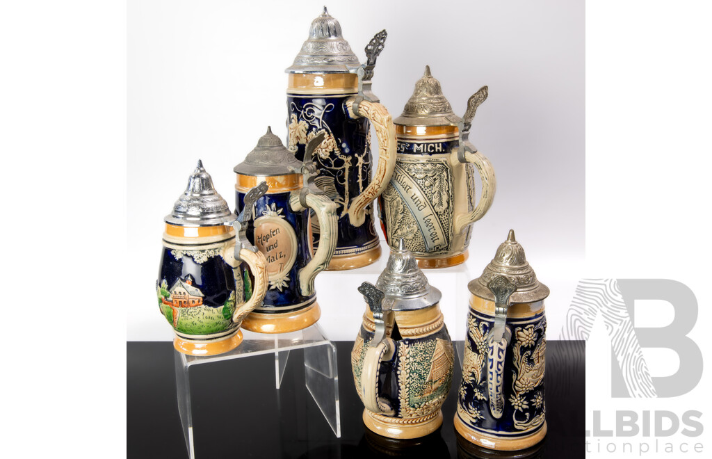 Collection Vintage German Ceramic Beer Steins with Metal Lids