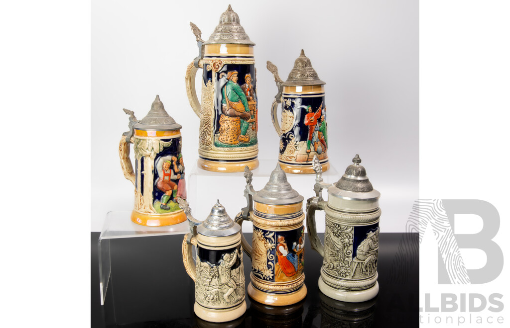 Collection Vintage German Ceramic Beer Steins with Metal Lids