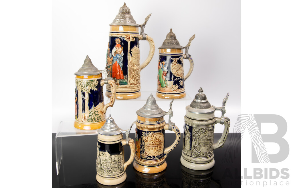 Collection Vintage German Ceramic Beer Steins with Metal Lids