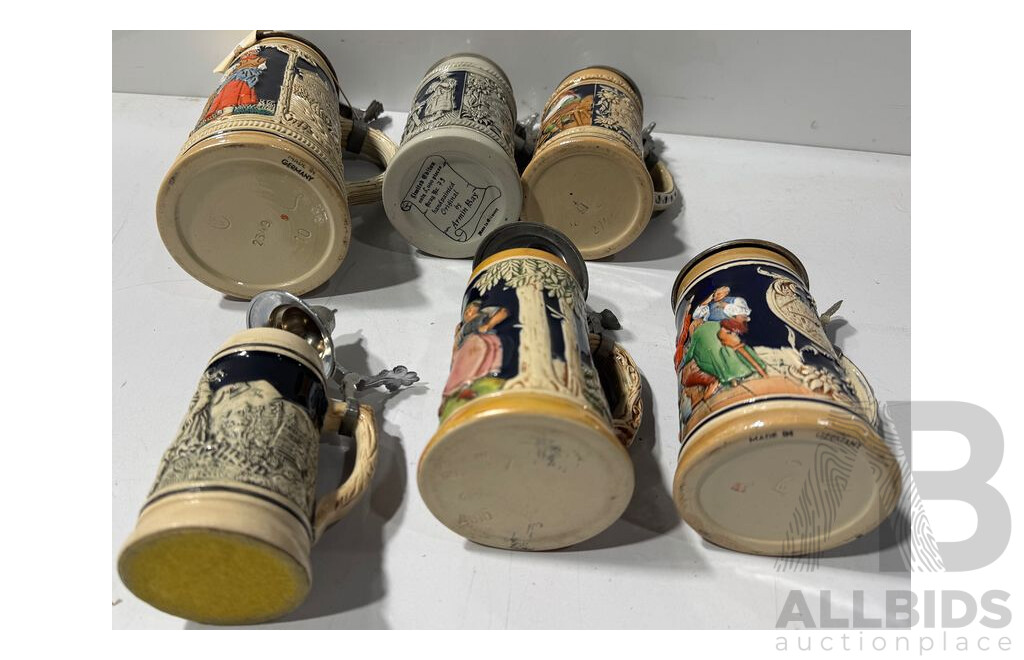 Collection Vintage German Ceramic Beer Steins with Metal Lids