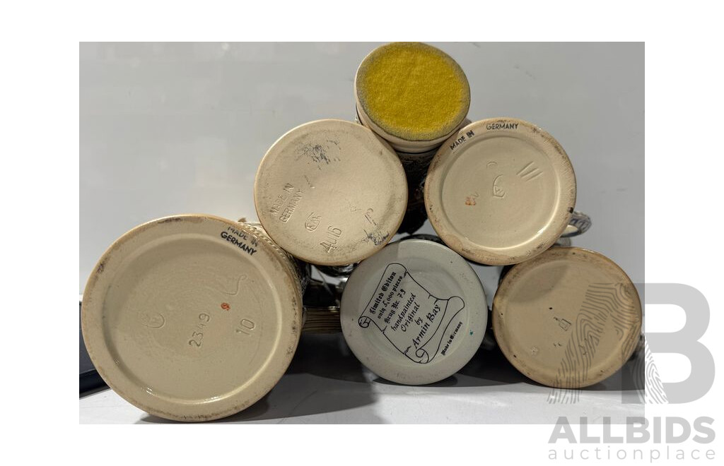 Collection Vintage German Ceramic Beer Steins with Metal Lids