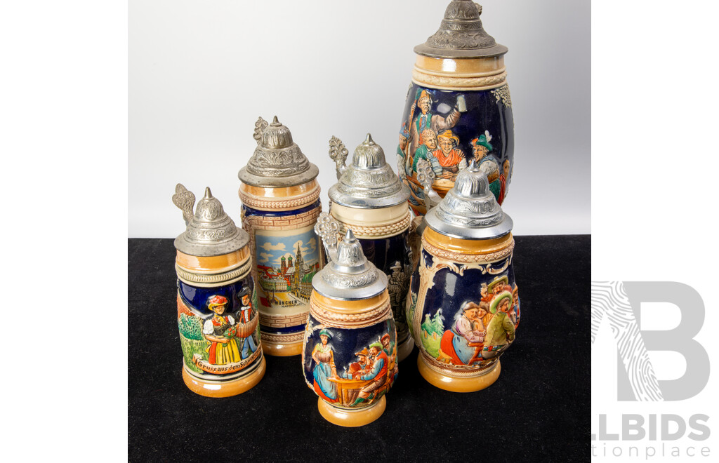 Collection Vintage German Ceramic Beer Steins with Metal Lids