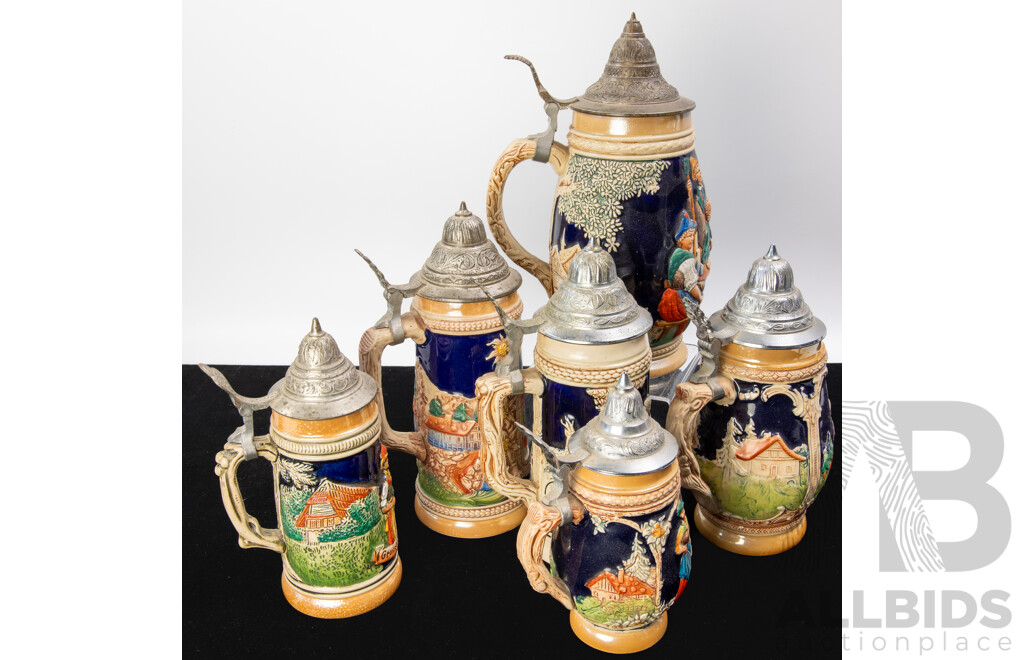 Collection Vintage German Ceramic Beer Steins with Metal Lids