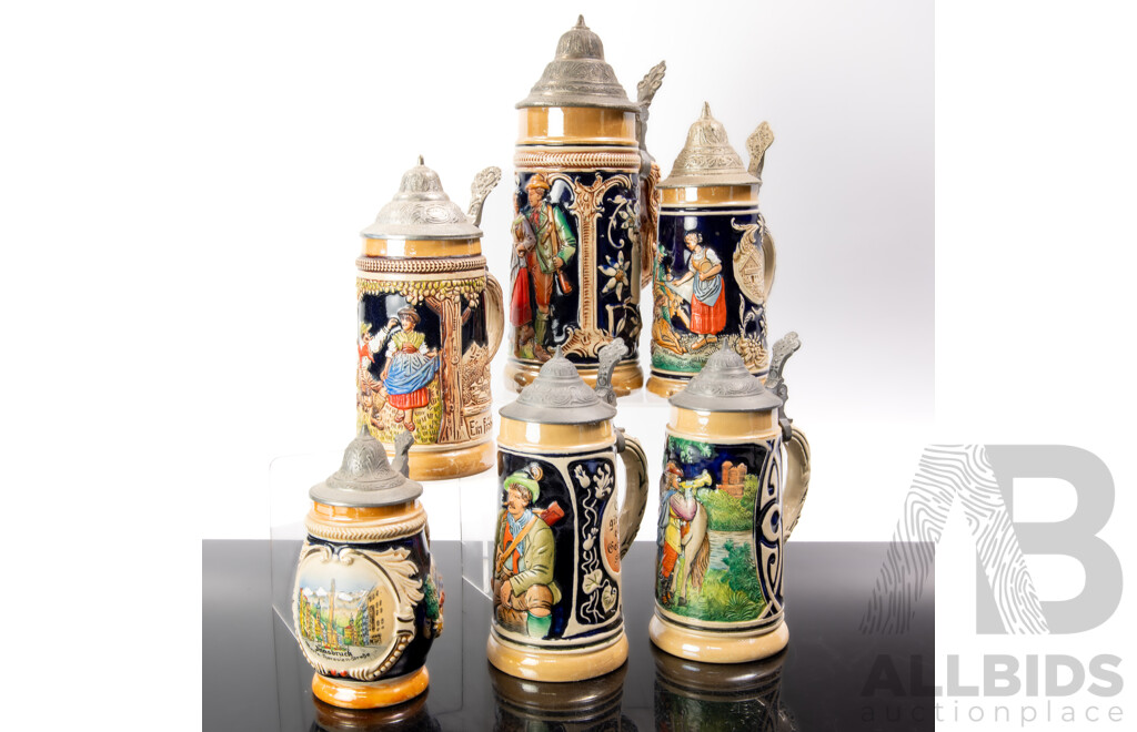 Collection Vintage German Ceramic Beer Steins with Metal Lids