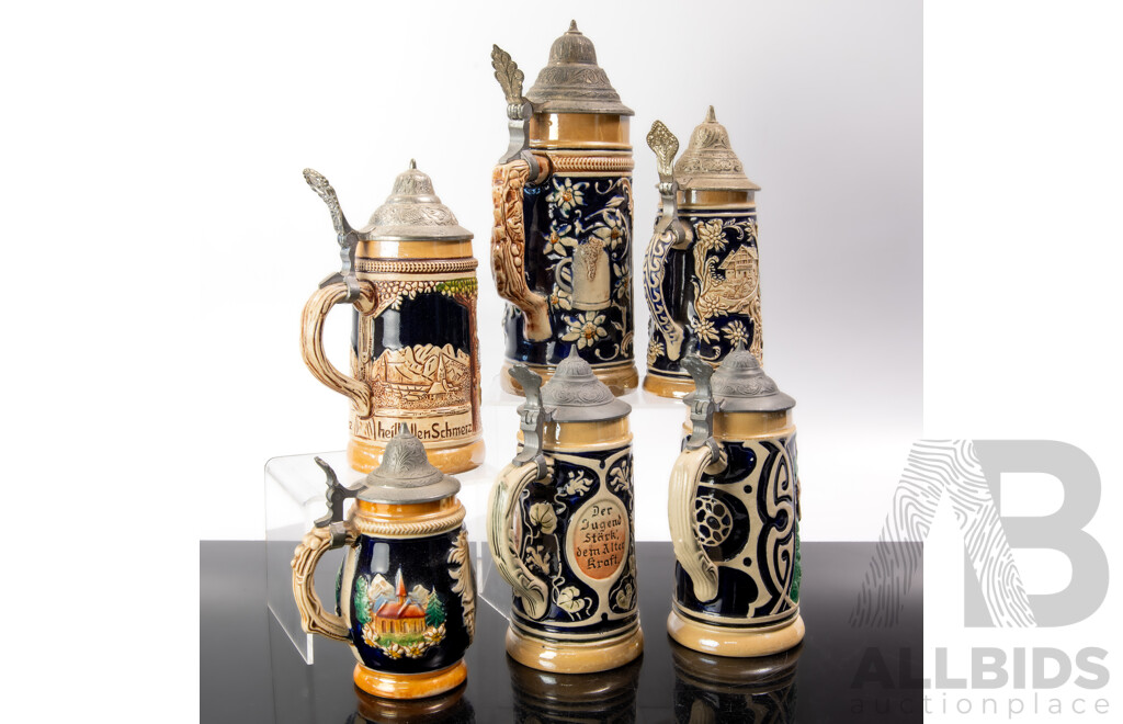 Collection Vintage German Ceramic Beer Steins with Metal Lids