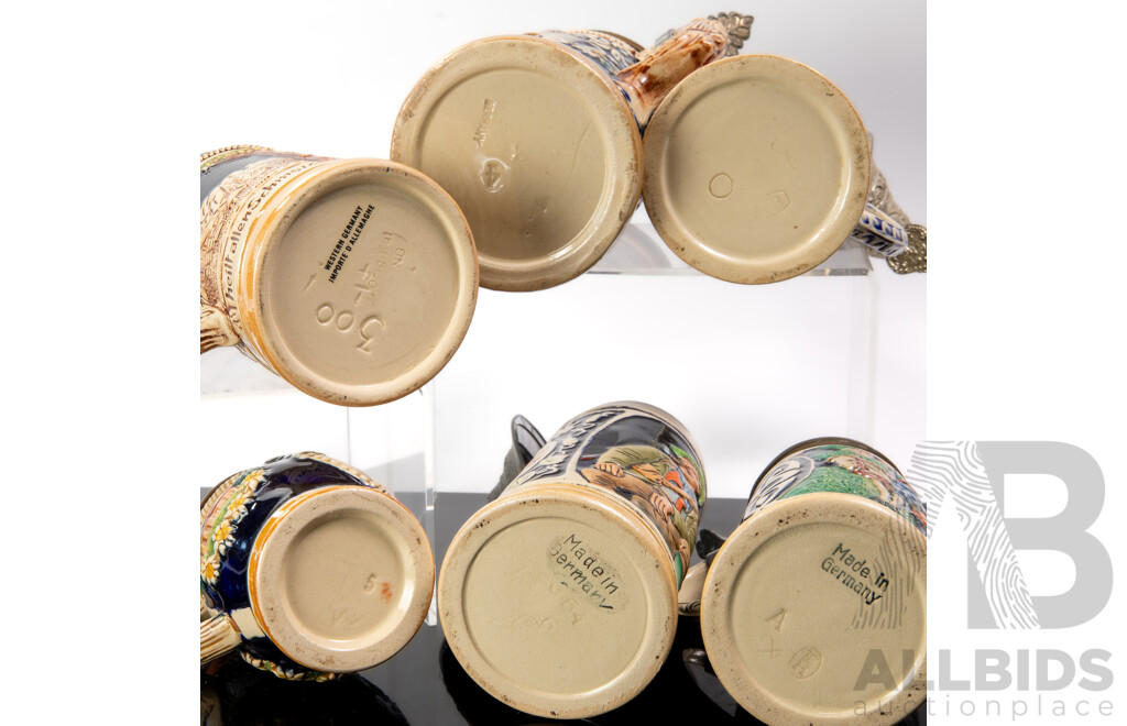 Collection Vintage German Ceramic Beer Steins with Metal Lids