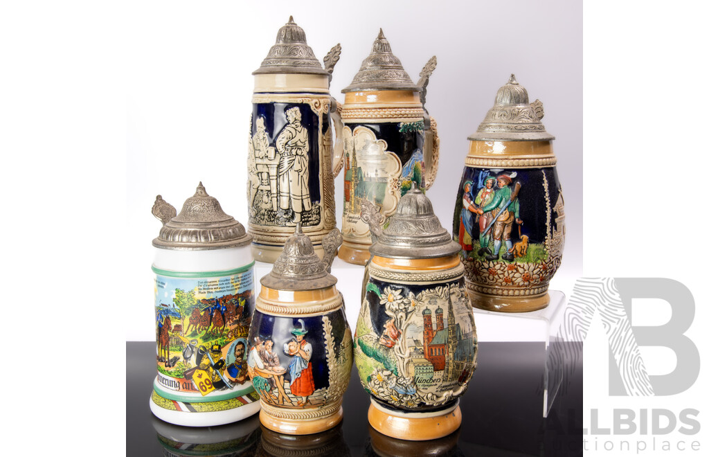Collection Vintage German Ceramic Beer Steins with Metal Lids Along with Lidded Ceramic Tobacco Jar