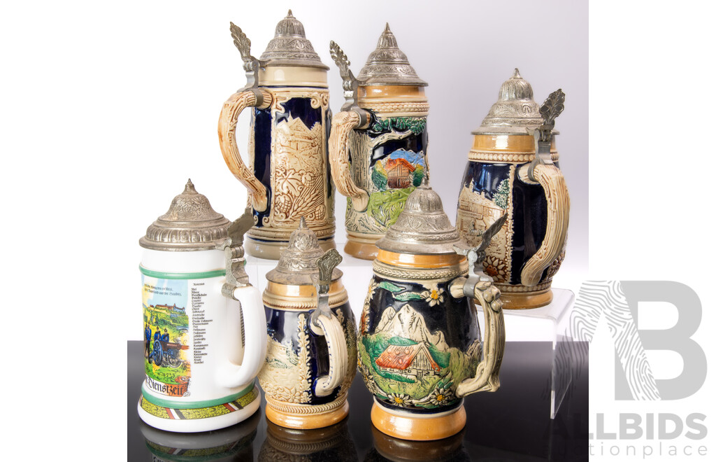 Collection Vintage German Ceramic Beer Steins with Metal Lids Along with Lidded Ceramic Tobacco Jar