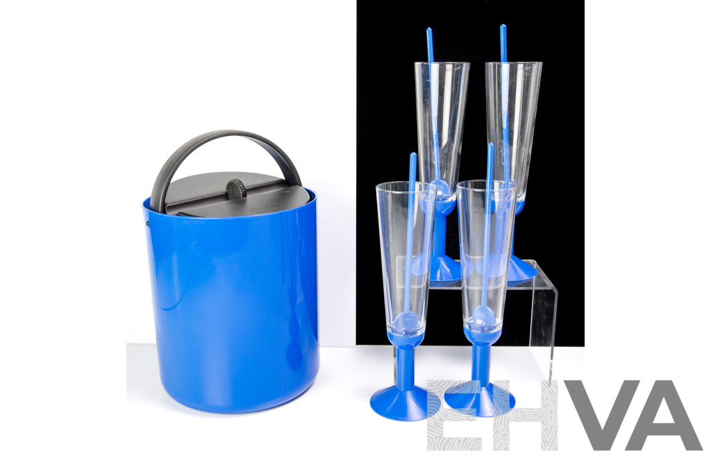 Retro Bodum Swiss Lidded Ice Bucket Along with Set Four Funky Chanpagne Flutes