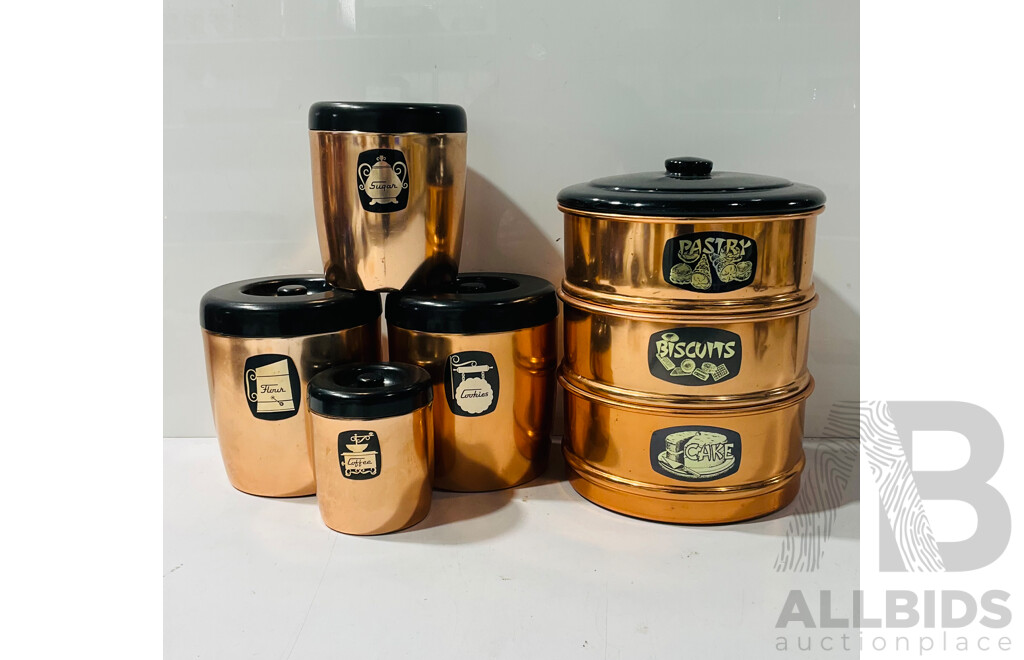 Collection of Graduating Labeled Brass Canisters