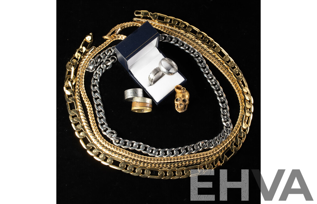 Collection of Mens Silver/gold Tone Jewellery Items Including NEW Prouds Spinner Ring Size U