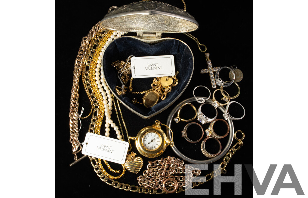 Collection of Costume Jewellery Items in Silver Plated Embossed Heart Shaped Trinket Box