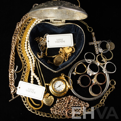 Collection of Costume Jewellery Items in Silver Plated Embossed Heart Shaped Trinket Box