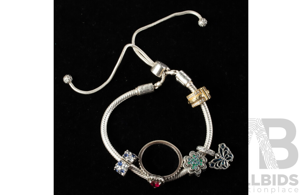 Pandora Moments Slider Bracelet with (4) Pandora Charms & Pandora Red Heart Gemstone Ring, 28.65 Grams