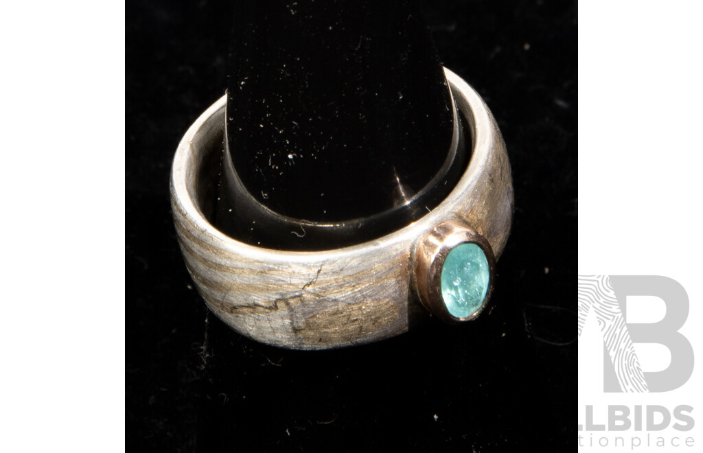 Mokume Gane Paraiba Tourmaline (0.42ct) Ring with Sterling Silver & 9ct Rose Gold, Size P, 10.74 Grams