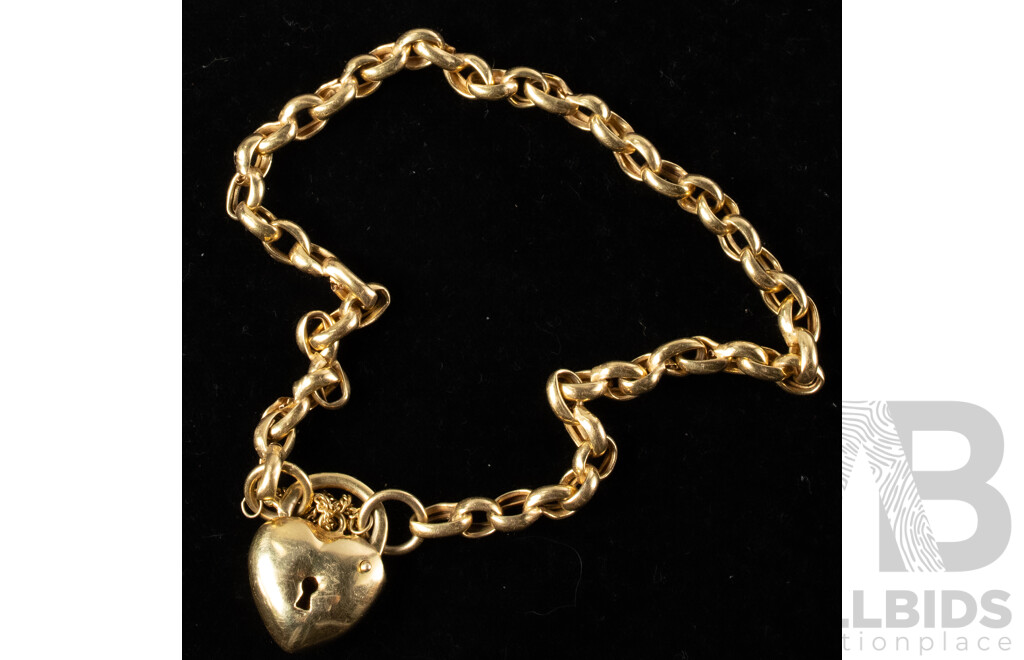 10ct Michael Hill Oval Belcher Link Puffy Heart Padlock Bracelet, 22cm, 8.20 Grams