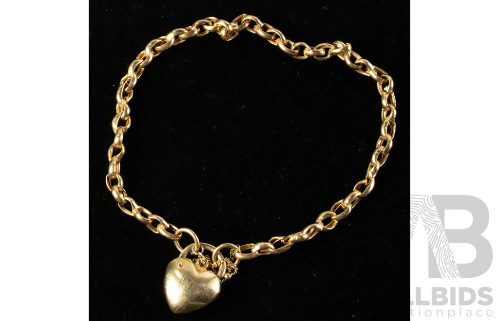 10ct Michael Hill Oval Belcher Link Puffy Heart Padlock Bracelet, 22cm, 8.20 Grams