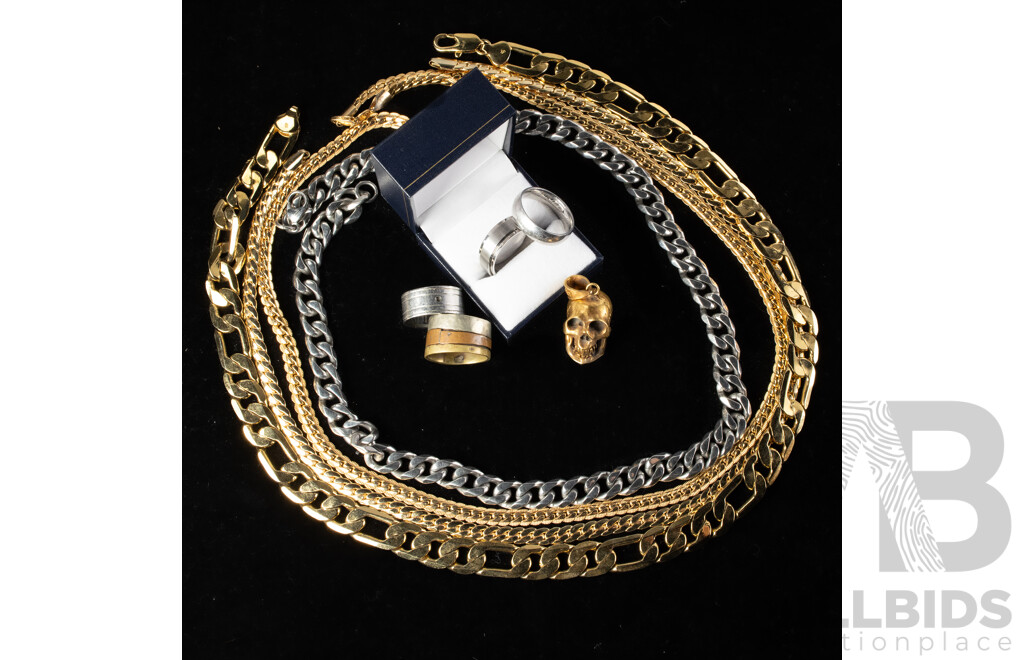 Collection of Mens Silver/gold Tone Jewellery Items Including NEW Prouds Spinner Ring Size U