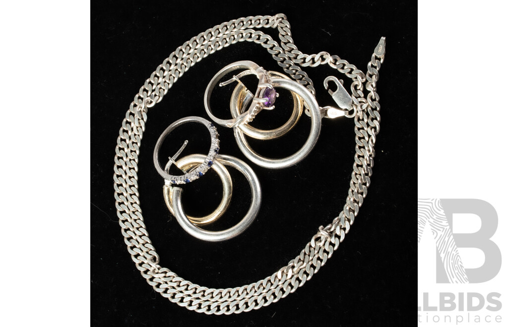 Collection of Sterling Silver Jewellery Items Including MHJ Sapphire & Diamond Ring & Najo Hoop Earrings, 25.09 Grams