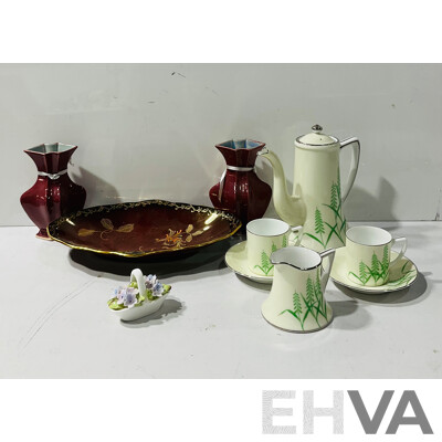 Collection Vintage Porcelain Including Crown Devon Oval Peacock Dish, Six Piece Noritake Set and Coalport Porcelain Flower Posy and Pair Art Deco Ceramic Vases