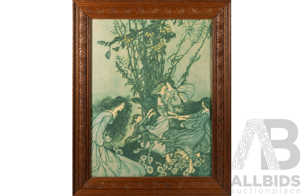 Arthur Rackham, (British,1867-1939), Fairies Never Say 'We Feel Happy' They Say 'We Feel Dancey',  Reproduction of Original Illustration, 68 x 55 cm (frame)